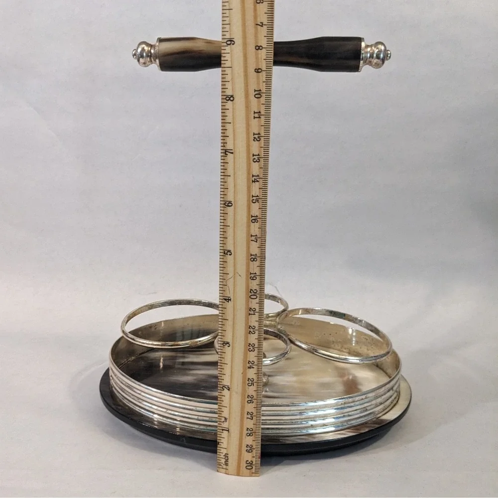 Vintage Silverplate Cruet Stand with Horn Inlay Base and Handle 4 Bottle Holder‎